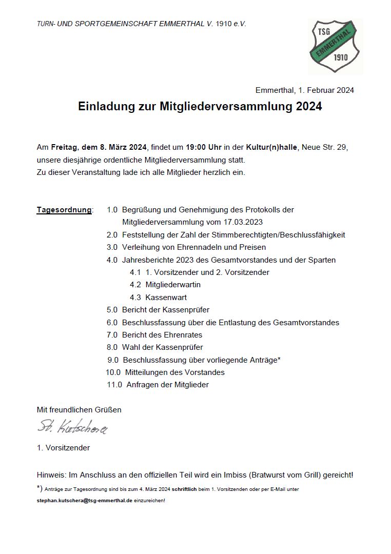 Einladung Mitgliederversammlung TSG Emmerthal 2024