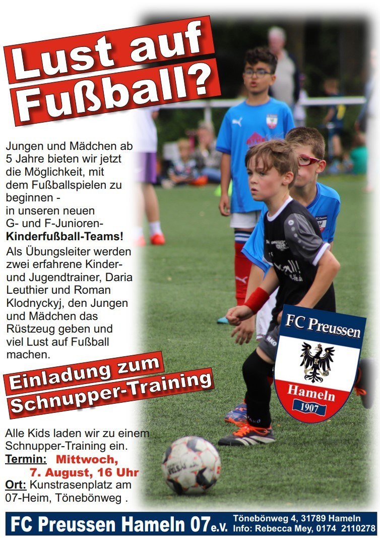 Plakat FC Preussen Hameln Schnuppertraining Kinder Fussball