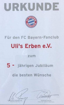 Bayern Fanclub Uli´s Erben feiert fünfjähriges Urkunde